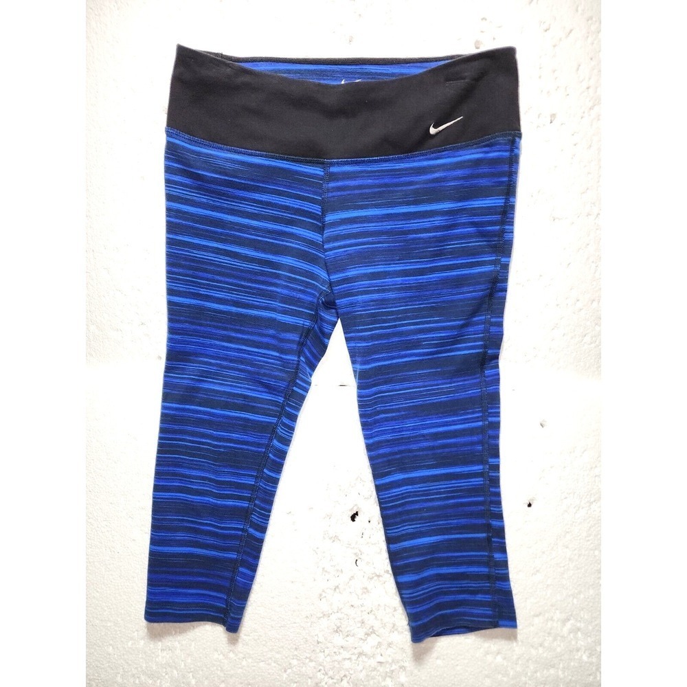 Nike Dri-Fit Leggings Women Medium Black Blue Striped Capri Activewear